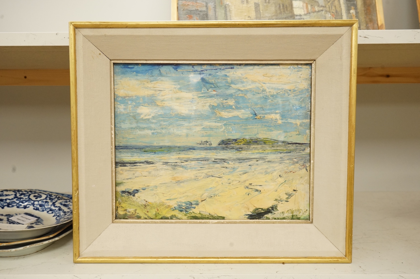 Irish Impressionist School, ‘Ireland's Eye and Howth Head from Malahide Beach’, unsigned, bears Hendriks Gallery, Dublin label verso, oil, 26 x 32cm